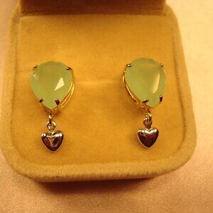 Lime Green Zircon Stud Earrings with Petite Silver Heart Danglers